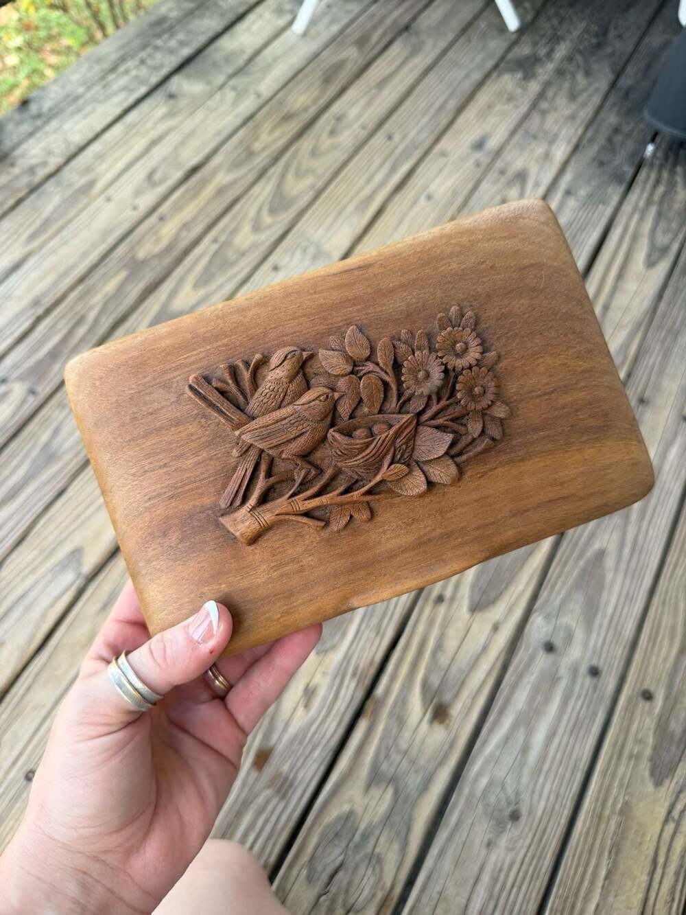 Vintage Hand-Carved Wooden Jewelry Keepsake Box with Bird and Nest Motif